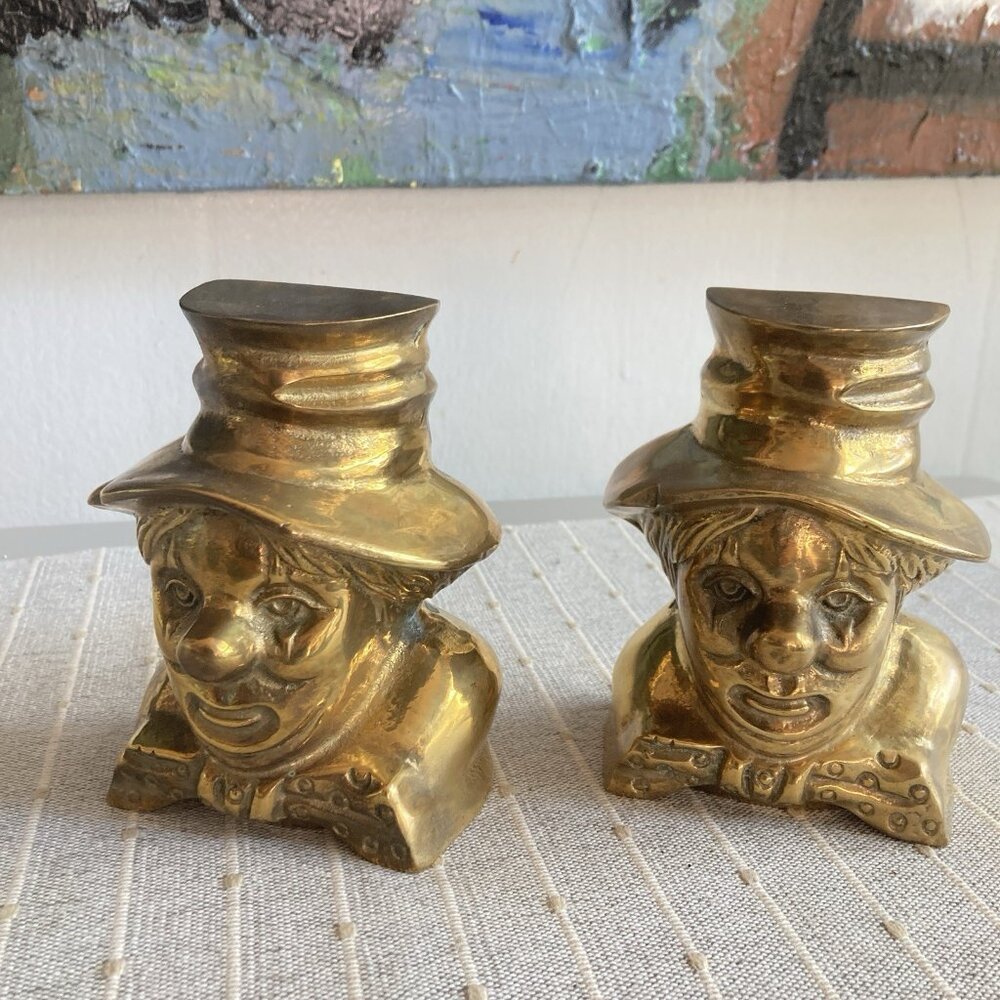Vintage Brass Clown Bookends Mid Century Craftsman 5.25" Pair Shelf Decor